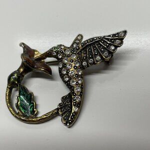 Vintage 1928 Brand Rhinestone Hummingbird Enamel Flower Brooch Pin Gold Tone